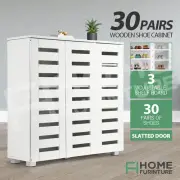 White Shoe Cabinet Shoes Storage Rack Wooden Organiser Cupboard 3 Doors 30 Pairs