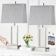 Touch Control Table Lamps Set of 2, Modern Bedside Lamps with USB A+C Silver