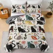 Custom Cat Floral Quilt Bedding Set, Botanical Whimsy Quilt Bedding Pillowcase