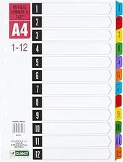 D.RECT A4 Colour Coded Laminated Index Tabs 1-12