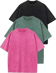 [Flygo] 3 Pack Boys Girls T-Shirts Cotton Acid Washed Oversized Tee Shirts Kids Loose Short Sleeve Summer Basic T Shirt Tops