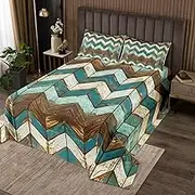 Homemissing Vintage Wooden Board Quilted Bedspread Rustic Farmhouse Style Quilted Bedspread for Kids Boys Girls Geometric Stripes Coverlet Set Retro Blue Brown Quilted Bedroom Collection 2Pcs Single