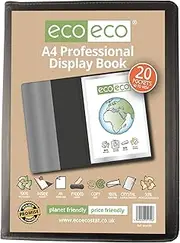 eco-eco A4 50% Recycled 20 Pocket Black Professional Business Display Book, Padded Portfolio Art Folder with Plastic Sleeves, eco139