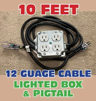 LIGHTED 12/3 EXTENSION CORD 10' w/METAL OUTLET DROP BOX STAGE POWER DISTRO STRIP
