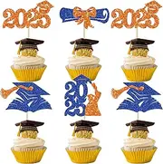 Gyufise 36Pcs 2025 Graduation Theme Cupcake Toppers Glitter Class of 2025 Congrats Grad Diploma Graduation Cap Cupcake Picks for 2025 Graduation Theme Party Cake Decorations Supplies Blue Orange