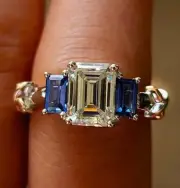 Three-Stone Engagement Ring 925 Sterling Silver 2Ct Emerald Simulated Diamond