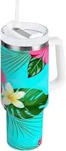 RPLIFE Tropical Floral Turquoise 40 Oz Tumbler with Handle and Straw, 30oz Tumbler with Handle, Coffee Tumbler