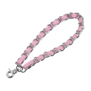 Leather Wristlet Strap, 8" Hand Wrist Lanyard Bag Key Chain Holder, Pink+Silver
