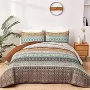 WONGS BEDDING Boho Fall Quilt Set King, Brown Bohemian Quilt Bedding Set, Ultra Soft Lightweight Bed Decor Bedspread for All Season Reversible Microfiber Coverlet Bedding Set 103"x90"(3 Pieces)