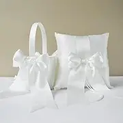 Flower Girl Basket and Ring Bearer Pillow Set Cute Cherish Wedding Flower Baskets and Pillow(Ivory)