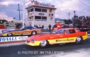 FUNNY CAR PHOTO SHERM GUNN & JODY SMART DRAG RACING POMONA 1985 NHRA