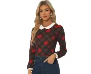 Allegra K Peter Pan Collar Puff Sleeve Blouse Red Brown