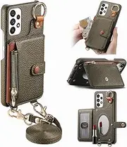 Durable Removable Crossbody Wallet Phone Case for Samsung Galaxy A32 5G, Zippered Purse,Ring Holder,Integrated Mirror,Card Slot,Multi-Angle Stand in Elegant Pebbled Leather Cover(Light Green)