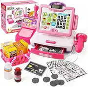 Pretend Play Calculator Cash Register Toy Gift for Kids Girls Age 3, 4, 5, 6, 7, 8+ Year Old, 57 Pcs Pink Grocery Store Playset, Incl Microphone, Credit Card, Scanner, Fake Food, Play Money for Kids