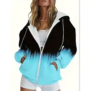Women's Oversized Zip Up Hoodies Geometric Vintage Sports Streetwear Long Sleeve Hooded Regular Tops Casual Holiday Zip Up Drawstring Front Pocket Black Red Bl