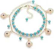 [Generic] Gold Layered Turquoise Anklet Boho Beach Anklet Hollow Flower Anklet Foot Chain Jewelry for Women and Girls