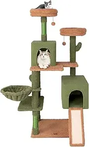 Costway 160cm Cactus Cat Tree for Indoor Cats, Multi-Level Cat Tower w/Sisal Scratching Posts & Ladder, Double Condos & Padded Perches, Hanging Toys, Basket Bed, Modern Large Kitty Activity Center
