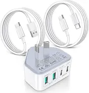 USB C Charger + 2 Pack USB-C Cable, 40W 4-Port Wall Charger AU Plug, PD 3.0 Fast Charger Compatible with iPhone 16 15 Pro Max, Galaxy S24, S23, S22, S21, Pixel, LG
