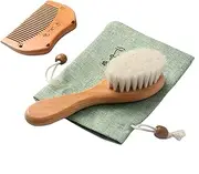 Baby Hair Brush and Comb Set, 2 Pcs Newborn Hair Brush with Soft Bristle, Prevent Cradle Cap, Cat Shape Wooden Comb and Natural Soft Goat Bristles for Infant, Toddler