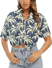 [Generic] Women's Short Sleeve T Shirt, Comfy Button Down T-Shirt,Soft Beach Summer Tops Blouses, Retro Monoline Palms-117