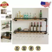 Rustic Pipe Wall-Mounted Liquor Storage Rack with Glass Holder - Chic & Durable