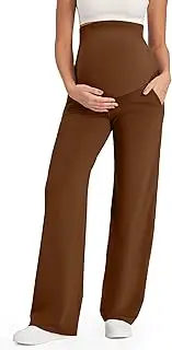[G4Free] Maternity Leggings Over The Belly with Pockets Soft Wide Leg Pregnancy Yoga Pants for Casual Athletic Workout (Dark Coffee,M,32")