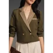 Anthropologie NWT DOLAN Cropped Blazer Jacket with Plaid Contrast Size Large