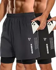 [FIONECA] Men's 2 in1 Running Shorts 5''Quick Dry Mens Athletic Shorts Breathable Mesh Gym Shorts Men with Zip Pockets & Towel