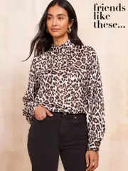 Friends Like These Grey Roll Neck Tie Back Animal Print Blouse (AN8437) | $29