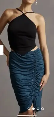 NWT Anthropologie size S ruched knit midi skirt teal green pull on