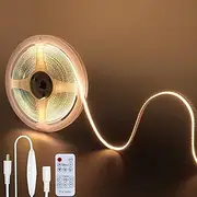 12V DC COB LED Strip Lights with Remote Dimmable Switch (No Power Supply),16.4FT/5M,Warm White 3000K,320LEDs/M,8mm Width,CRI90,Electroplated Double-Sided Panel,10W/M,IP20,for Indoor
