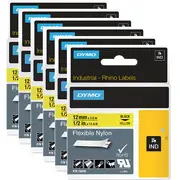 Dymo 18490 Rhino Industrial Tape Flexible Nylon 12mm Black On Yellow 6 Pack