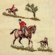 Preworked Petit Point HORSES & HOUND Fox Hunt Needlepoint Canvas 9.25x8.75 3548