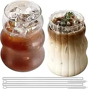 Set of 2 Ribbed Drinking Glasses, 530 ml Glasses, Iced Coffee Glasses, One has Stripes and One is Smooth, Bubble Glasses with 2 Straws and Straw Brush, Ribbed Glasses, Latte Macchiato Glasses