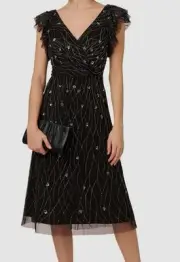 Adrianna Papell Women's Black Beaded Flutter-Sleeve Lined Midi Dress Size 2