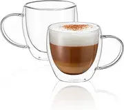 CNGLASS Double Wall Glass Coffee Mugs with Handle,250ml Clear Insulated Glass Espresso Cups for Hot and Cold Beverages,Latte,Cappuccino,Set of 2