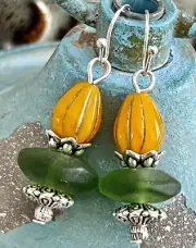 Etched Silver, Green & Yellow Picasso Teardrops Dangle Earrings. Bloom