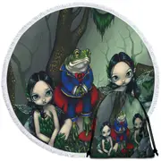 Fairytale the Handsome Frog and Two Cute Fairies Round Beach Towel