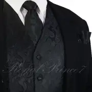 20-B Black Paisley Tuxedo Suit Dress Vest Waistcoat & Neck tie & And Hankie