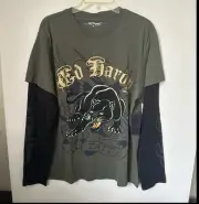 ED HARDY Crouching Panther Hang Down Thermal Sleeves Men's Top NWT~M