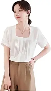 [Generic] Women's Spring Short Sleeve Shirts Elegant Office Tops Round Neck Short Sleeve Chiffon Top