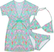 [POWER FLOWER] Girls Swimsuit Three Piece Swimsuit Bikini Set Swimwear with Throw for Girls Aged 8-16 Years