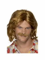 Men's 70's Super Trouper Wig & Moustache 60's 80's Disco Stud Retro Costume