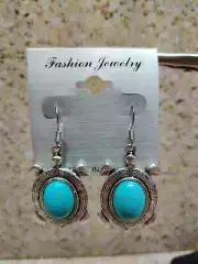 Tribal Turquoise Turtle Tortoise Cab Tibetan Silver Dangle Earrings