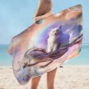 Cool White Cat Riding a Dragon Lizard in Space Microfiber Beach Towel