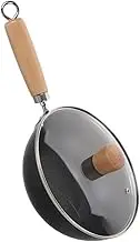 MOLUCKFU Cast Iron Wok Pan with Lid Traditional Chinese Cooking Wok Nonstick Stir Fry Pan Wood Handle Suitable for Gas Electric Induction Stoves