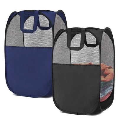 2 pop-up foldable mesh laundry baskets (each with 2 reinforced handles), blac...
