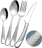 Xideman Cutlery Set for 6 People Modern Hammered with Ultra Sharp 2-in-1 Serrated Knife Cutlery Set 18/10 Stainless Steel 24 Pieces Knife Forks Spoon Set Dishwasher Safe