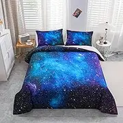 Galaxy Bedding Set Single, Girls Boys Kids Teen Comforter Cover, Outer Space Duvet Cover Galaxy Stars in Space Celestial Astronomic Planets, Decorative Bedclothes Blue Purple