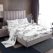 Manfei Airplane Kids Sheet Full Size,American Aircraft Vintage Toddler Bedding Set,Girls Boys Adults Room Decor,Air Vehicles Air Plane Black White Bed Sheet Set 4pcs(Fitted + Flat + 2 Pillowcases)